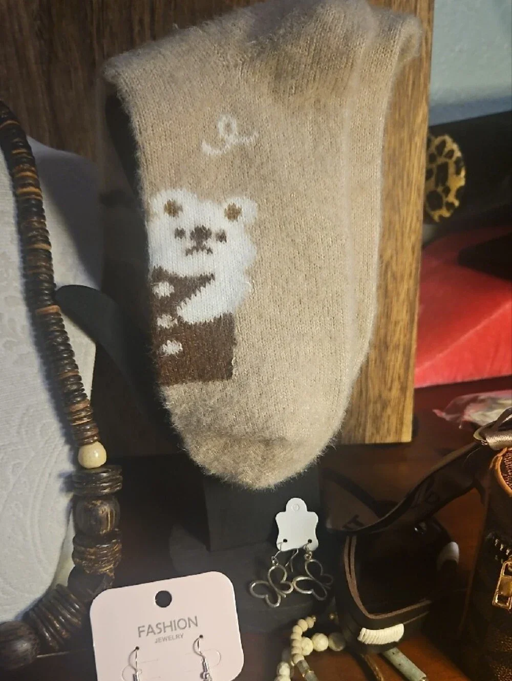 Wooden Heart Necklace Display with Brown Bead Accents